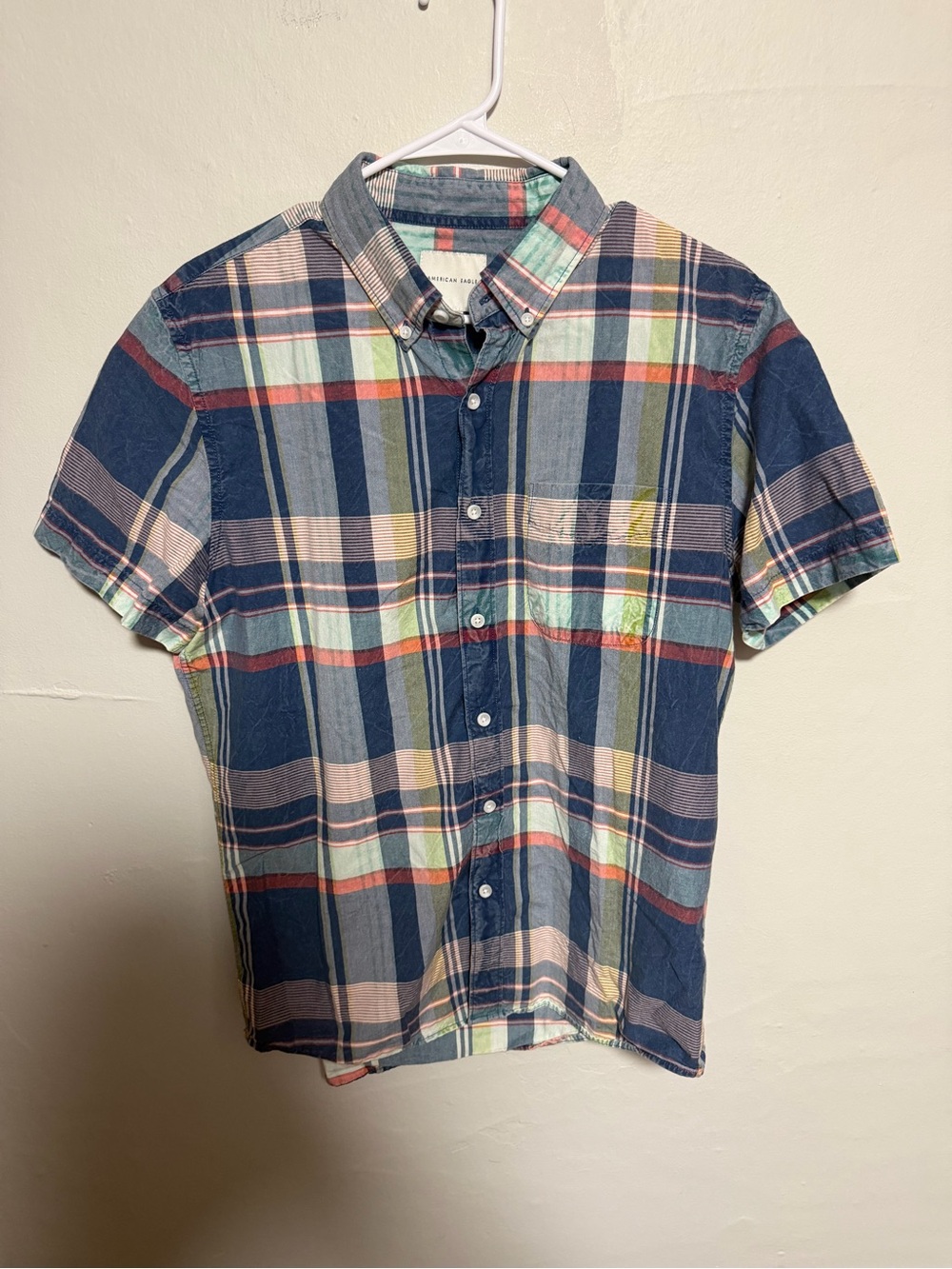American Eagle Outfitters Navy Multi Plaid Short-Sleeve Button-Up